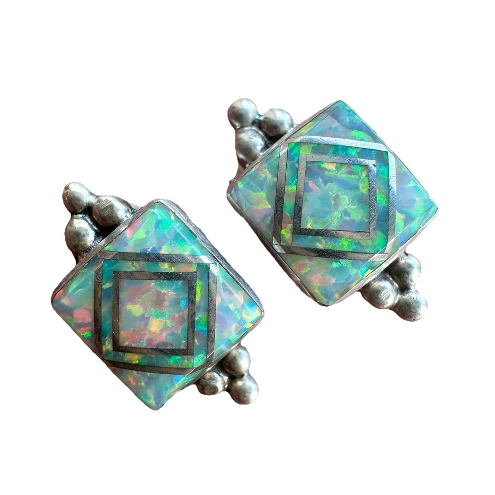 Joseph Baillon Stud Earrings 0.625 Inch Lab Opal Geometric 925 Sterling 3.8g